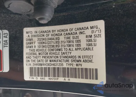 2013 Honda Cr-V Lx z USA, uszkodzony, nr VIN 2HKRM4H3XDH631235